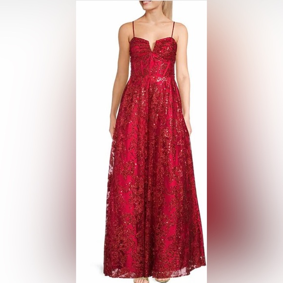 Blondie Nites Red Sequin Maxi Gown with Spaghetti Straps